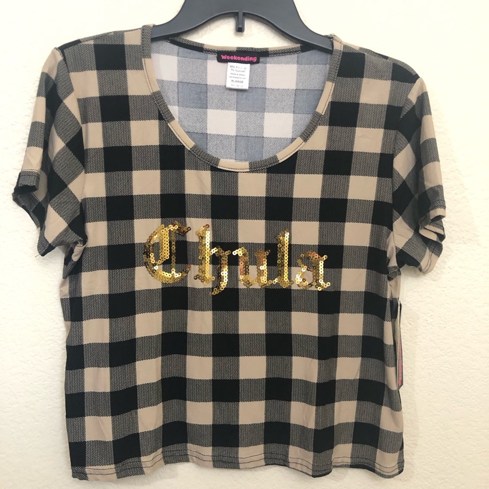 WEEKENDING Women Juniors XL CHULA Short Sleeve Pajama Top Loungewear Checkered